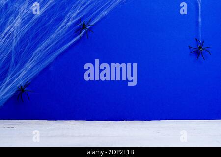 Halloween-Karte mit Spinnennetz und Spinnen als Symbole von Halloween auf dem dunkelblauen Hintergrund mit weißem Holzboden, Platz für Text Stockfoto