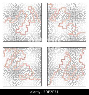 Ein Satz Labyrinthe. Spiel für Kinder. Puzzle für Kinder. Labyrinth-Rätsel. Flache Vektorgrafik. Stock Vektor