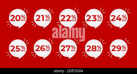 20-29 percent off. Set of tag discounts. Banner with six red bubble balloons with special offers vector. Stock Vector