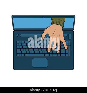 Ein Hacker bricht in einen Computer ein. Männliche Handtypen auf der Laptop-Tastatur. Vektor-isolierte Illustration. Stock Vektor