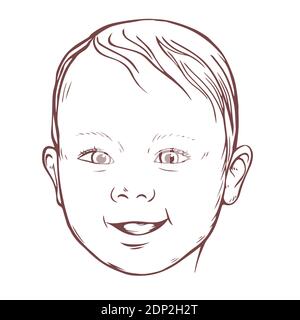 Niedliches lächelndes Baby. Glückliches Gesicht eines Kindes. Vektorgrafik Skizze auf weißem Hintergrund. Stock Vektor