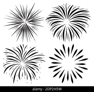 Feuerwerk Burst Silhouette Symbol gesetzt. Urlaub funkeln fallen nach Petard Explosion. Vektor-Sammlung von glücklichen neuen Jahr schwarz Symbol. Festliche Illustrationen Stock Vektor