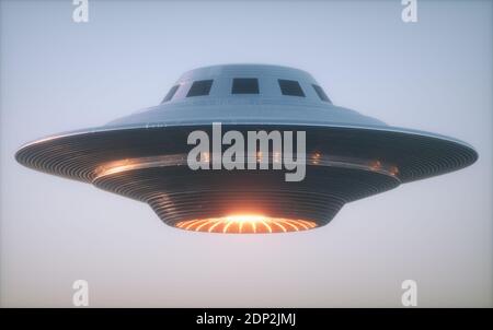 Nicht identifiziertes fliegendes Objekt UFO. Beschneidungspfad enthalten. 3D-Illustration. Stockfoto
