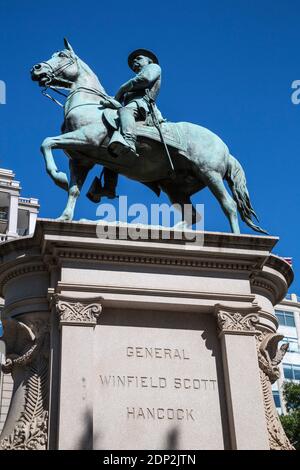 General Winfield Scott Hancock Statue, Washington DC, USA. Hancock war ein Bürgerkriegsheld bei Gettysburg, erfolgloser demokratischer Kandidat für Präsident, Stockfoto