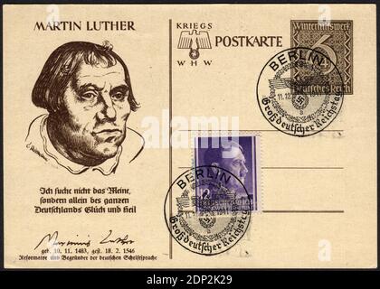 DEUTSCHLAND - UM 1938: Postacard gedruckt in Deutschland, Ausgabe Winterrelief, zeigt einen deutschen Theologieprofessor, Priester, Autor, Komponisten, Augustinermönch - Martin Luther, um 1938 Stockfoto