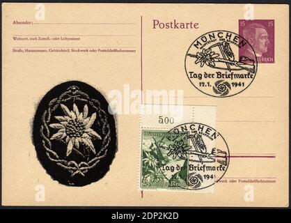 DEUTSCHLAND - UM 1938: Postkarte gedruckt in Deutschland, Ausgabe Winterrelief, zeigt Edelweiss-Blume und abgestempelt, um 1938 Stockfoto