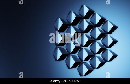 Abstrakte molekulare Struktur, Cluster von glänzenden blauen Objekten, 3d-Rendering-Illustration Stockfoto