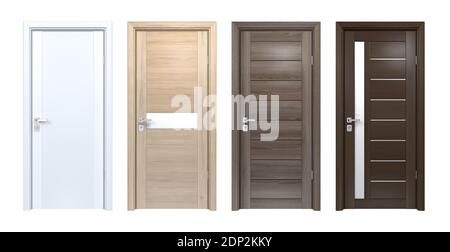 Modernes Design-Set von hochauflösenden Holztextur Haustüren. Frontansicht von Kiefer, Eiche, Wenge Holz 3D Hauseingänge isoliert auf weiß Stockfoto