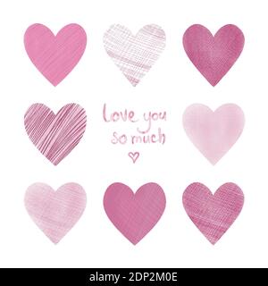 Set von handgezeichneten Herzen auf weißem Hintergrund für Design Valentinstag Stockfoto