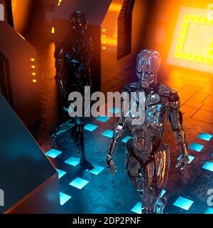 Zwei metallische Cyborgs in einem futuristischen Raum - 3d-Rendering Stockfoto