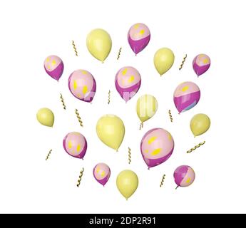 Viele fliegende farbige Ballons isoliert auf weiß, 3d-Rendering Stockfoto