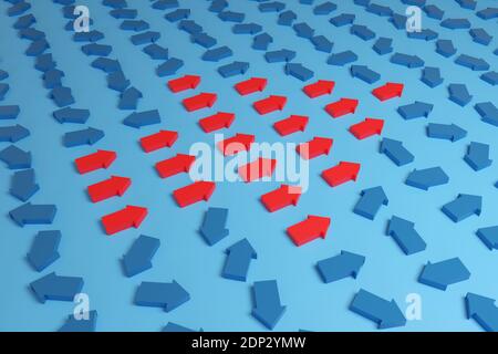 Kleine rote Pfeile, die in die gleiche Richtung zeigen, bilden einen großen Pfeil neben vielen blauen Pfeilen, die in verschiedene Richtungen zeigen. 3d-Illustration Stockfoto