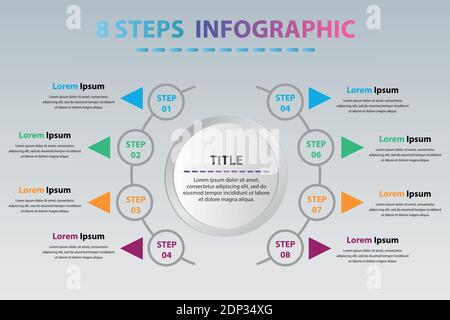 Moderne Kreis-Infografiken mit acht Schritten. Kreis Infografik Vorlage mit 8 Optionen. Stock Vektor