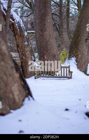 Eine hölzerne Parkbank neben einem Baum in einem Park bedeckt mit Schnee Stockfoto