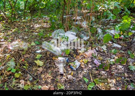 Müllkippe aus Kunststoff Einwegprodukte Flaschen und Gläser mit Tüten auf dem Boden unter den sterbenden Pflanzen der Mutter Erde Nahaufnahme, niemand. Stockfoto