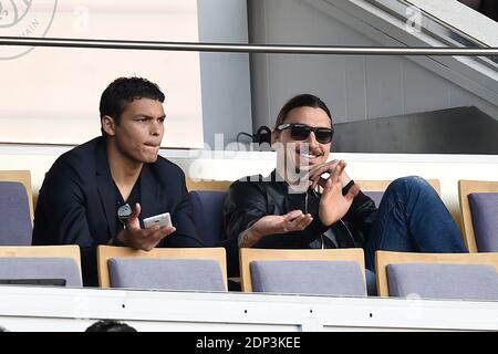 PSG players Thiago Silva and Zlatan Ibrahimovic support their team playing against Lille during French First League soccer match, at Parc des Princes stadium in Paris, France on April 25, 2015. Photo by Laurent Zabulon/ABACAPRESS.COM Stock Photo