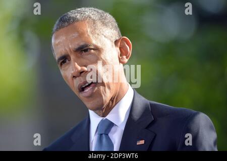Präsident Barack Obama spricht zu Reportern nach dem Gipfeltreffen des Golf-Kooperationsrates mit den USA in Camp David, MD, USA am 14. Mai 2015. Obama war Gastgeber von Führern aus Saudi-Arabien, Kuwait, Bahrain, Katar, den Vereinigten Arabischen Emiraten und Oman, um eine Reihe von Themen zu diskutieren, darunter Terrorisum und das Atomabkommen zwischen den USA und dem Iran. Foto von Kevin Dietsch/Pool/ABACAPRESS.COM Stockfoto