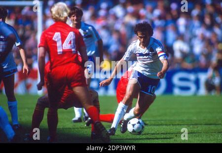 France's Michel Platini during the Group A First Round of the UEFA EURO 1984 Soccer match, France vs Belgium in Stade de la Beaujoire, Nantes, France on June 16th, 1984. France won 5-0. Photo by Henri Szwarc/ABACAPRESS.COM Stock Photo