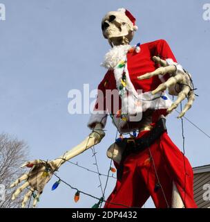 Racine, Wisconsin, USA. Dezember 2020. Ein 12Ã (3.66 Meter) hohes Skelett, gekleidet in ein Weihnachtsmann-Kostüm, befindet sich im Hof der Hazen Familie hone in Racine, Wisconsin Freitag, 18. Dezember 2020. Der Anzug, eine Größe 4XL, wurde online bestellt und erforderte einige Anpassungen. Das Skelett wurde ursprünglich für Halloween aufgerichtet und mit Spinnweben verziert. Die Elfen sind auch aus Skeletten gefertigt. (Bild: © Mark HertzbergZUMA Wire) Quelle: ZUMA Press, Inc./Alamy Live News Stockfoto