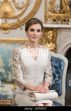 Der französische Präsident Francois Hollande empfängt am 2. Juni 2015 König Felipe VI. Und Königin Letizia von Spanien im Elysee-Palast in Paris. Das spanische Königspaar, das seinen Staatsbesuch in Frankreich im März 2015 unterbrach, nachdem ein Germanwings Airbus in den französischen Alpen abgestürzt war und 45 spanische Bürger getötet hatte, befindet sich auf einem dreitägigen offiziellen Staatsbesuch in Frankreich. Foto von Jacques Witt/Pool/ABACAPRESS.COM Stockfoto