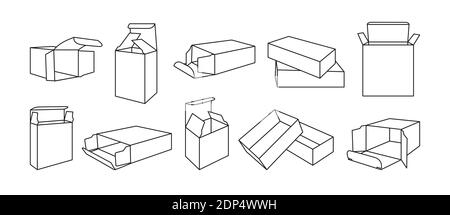 Vorlage mit schwarzen Linien gesetzt. Übersicht Produkt Verpackung Geschenkboxen Sammlung. Geöffnete, geschlossene Papierverpackung. Blanker Konturkarton für Design oder Branding. Vektorgrafik Stock Vektor