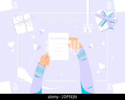 Frohe Weihnachten Text Design Konzept. Hände mit der Karte zum guten neuen Jahr. Verwendet für Web, Plakate, Flyer. Flache Vektor. Stock Vektor