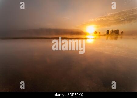 Eine sehr weite Aussicht mit dem niedrigen Nebel, der vom Yellowstone River in einer der ruhigen Spannweiten aufgeht, wenn die Sonne aufgeht, bietet eine beruhigende Aussicht. Stockfoto