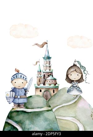 Der Ritter tapfer niedlichen Prinzessin auf Drachen. Hand gezeichnet Aquarell isoliert Kinderzimmer Kind Cartoon Illustration auf weißem Hintergrund Stockfoto