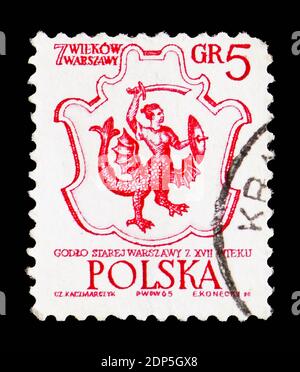 MOSKAU, RUSSLAND - 15. SEPTEMBER 2018: Eine in Polen gedruckte Briefmarke zeigt Warschaus Wappen, 17. Jahrhundert, 700. Jahrestag der Warschauer Serie, um 196 Stockfoto