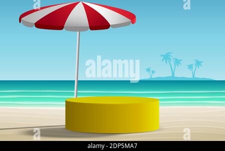 Gelbes Podium und Sonnenschirm am Strand im Sommer Stock Vektor