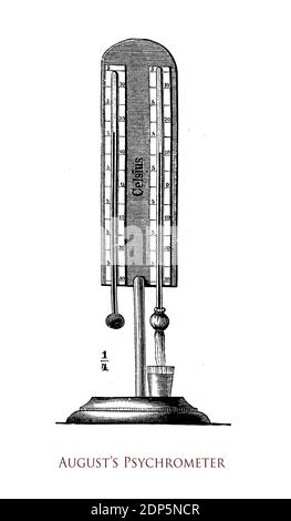 August-Psychrometer, Gerät zur Messung der Luftfeuchtigkeit mit zwei Thermometern, eines davon mit feuchter Kugel, die vor der Beobachtung mit destilliertem Wasser bedeckt war Stockfoto