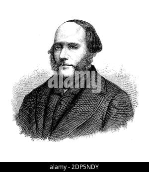 Gravurportrait von John Ericsson (1803-1889) schwedisch-amerikanischer Erfinder von Eisenbahndampflokomotiven, einem gepanzerten Kriegsschiff mit Eisenbeschlag und mehreren auf Dampf basierenden Mechanismen Stockfoto