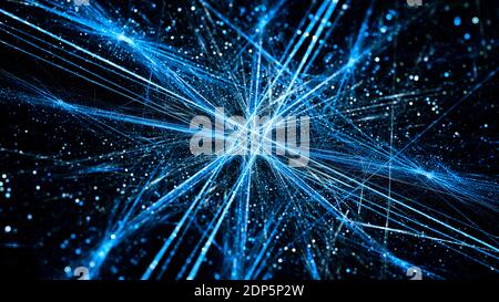 Blau leuchtende Verbindungen im Raum mit Partikeln, Big Data, computergenerierter abstrakter Hintergrund, 3D-Rendering Stockfoto
