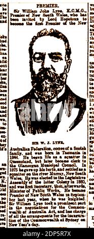 1900. Ein biografischer Pressebericht und Porträt von William John Lyne (1844-1913), Premierminister von New South Wales, Australien, der eingeladen worden war, der 1. Föderationspremierer der neuen Australischen Föderation zu werden. Als ehemaliger Hausbesetzer im Murray Valley, der aus einer schottischen Familie stammte, ist er am besten bekannt als das Thema des "Hopetoun-Blunder", weil er gebeten wurde, als erster Premierminister von Australien zu dienen, aber keine Regierung zu bilden. Stockfoto