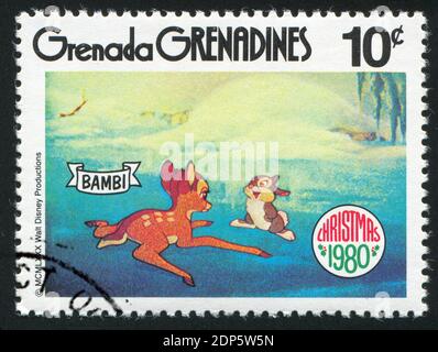 GRENADA - UM 1980: Briefmarke gedruckt von Grenada, zeigt Walt Disney Figuren, Bambi, um 1980 Stockfoto