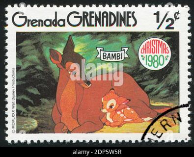 GRENADA - UM 1980: Briefmarke gedruckt von Grenada, zeigt Walt Disney Figuren, Bambi, um 1980 Stockfoto