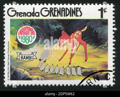 GRENADA - UM 1980: Briefmarke gedruckt von Grenada, zeigt Walt Disney Figuren, Bambi, um 1980 Stockfoto