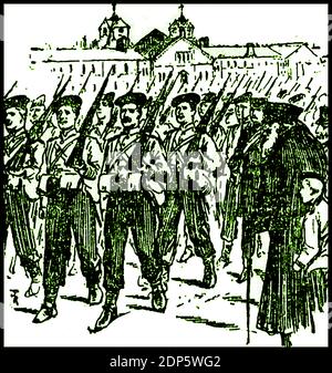 Die Ankunft der Kaisergarde in Chelsea 1900.das Regiment wurde 1900 von Königin Victoria zu Ehren der Iren gebildet, die im Zweiten Burenkrieg gekämpft hatten. Im Ersten Weltkrieg spielten sie eine herausragende Rolle in der ersten Schlacht von Ypern, der Schlacht von Loos und der Schlacht an der Somme. Ihr erster ehrenamtlicher Oberst des Regiments war Feldmarschall Lord Roberts, der den Spitznamen "Bobs" trug. Aus diesem Grund wurde das Regiment "Bob's Own" genannt, aber sind liebevoll als "die Micks" bekannt. Stockfoto