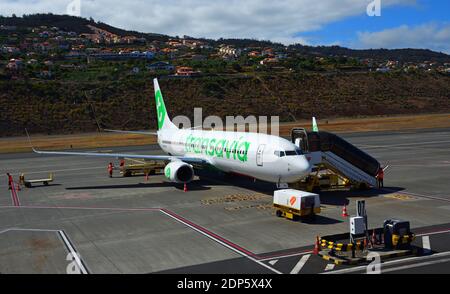 Die Boeing 737-800 von Transavia France wird am Flughafen Madeira-Funchal verladen. Stockfoto