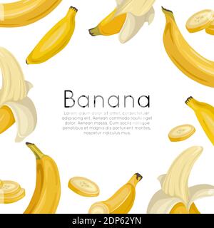 Quadratische Postkarte mit verschiedenen Bananen auf weißem Hintergrund und Platz für Text. Tropische Früchte und gesunde Ernährung. Vektorvorlage für Menüs, Karten, Rec Stock Vektor