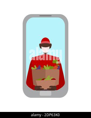 Online-Bestellung von Lebensmitteln. Lieferung von Lebensmitteln in Quarantäne. Mobile App für Online-Shopping. Afrikanischer Lieferer in einer Maske mit Essen in einem Handy. Vektor Stock Vektor