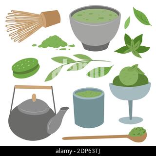 Japanischer grüner Tee-Matcha-Set in Pulverform. Lebensmittelzusatz für Eis, Kekse. Grüne Blätter, verschiedene Tassen, Schneebesen und Löffel. Vector Flat Set für Menüs, Stock Vektor