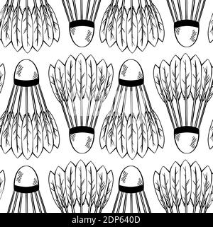 Nahtloses Muster mit einer Skizze von Federbäcken zum Spielen von Badminton in einer Reihe auf weißem Hintergrund. Sportausrüstung. Vektor schwarz und weiß Textur wi Stock Vektor