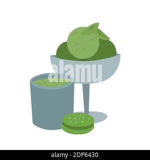 Japanischer Matcha Grüntee Pulver. Süßigkeiten aus dem Matcha. Tasse Tee, Eis, Kekse und grüne Blätter. Vektorgrafik flache Illustration für Menüs, Rezepte Stock Vektor