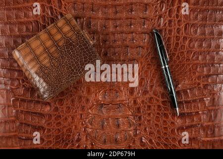 Männliche braune Handtasche und Stift liegen auf Krokodilhaut. Draufsicht Stockfoto