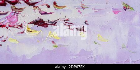 Bunte Ölgemälde auf Leinwand. Abstrakter Kunsthintergrund. Fragment moderner Kunstwerke. Pinselstriche der Farbe. Stockfoto