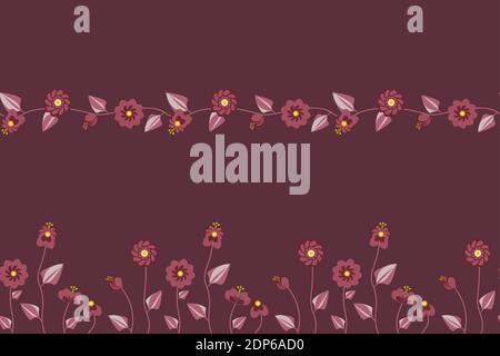 Set von 2 nahtlose Muster von Blumen von der Wiese In tawny Port Farbpalette Stock Vektor