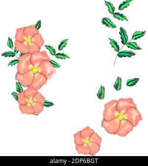 Set mit rosa Blüten und Blättern. Blumen sehen aus, als wären sie aus Seide. Es gibt helle Farben Stock Vektor