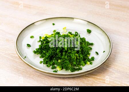 Tintenfisch-Salat mit Ei, grüne Zwiebel Schritt-für-Schritt-Rezept Schritt 4 Zutat schneiden Stockfoto