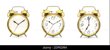 Satz von 3 Wecker isoliert auf weißem Hintergrund. Goldene Uhr im Vintage-Stil mit klarem Gesicht, Zahlen, klingelnde Uhr. Grafikdesign-Element. Deadli Stockfoto